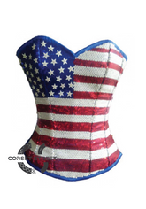 Blue Satin Red White Sequins USA Flag Handwork Gothic Burlesque Bustier Waist Training Overbust Corset Costume